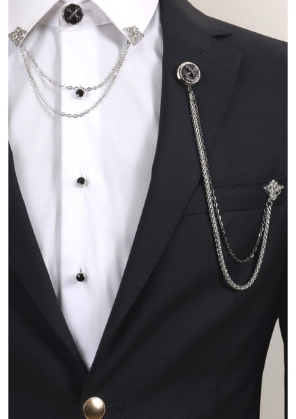 Gümüş Renk Halat Desenli Yaka Broş Seti – 3 Parça Zincirli Takım Elbise Gömlek Yaka Seti (BRS18) modelleri