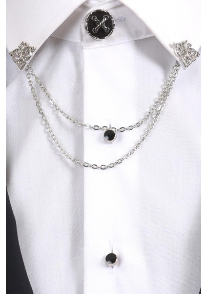 Gümüş Renk Halat Desenli Yaka Broş Seti – 3 Parça Zincirli Takım Elbise Gömlek Yaka Seti (BRS18) fırsatları