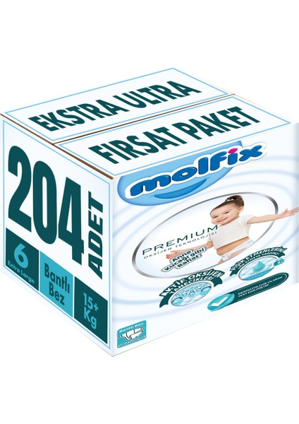 Premium Bebek Bezi Beden:6 (15+Kg) Extra Large 204 Adet Ekstra Ultra Fırsat Pk