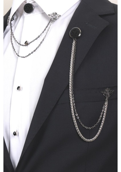 3’lü Siyah Desenli Erkek Yaka Broş Seti – Zincirli Ceket ve Gömlek Aksesuarı (BRS05)