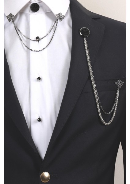 3’lü Siyah Desenli Erkek Yaka Broş Seti – Zincirli Ceket ve Gömlek Aksesuarı (BRS05) modelleri