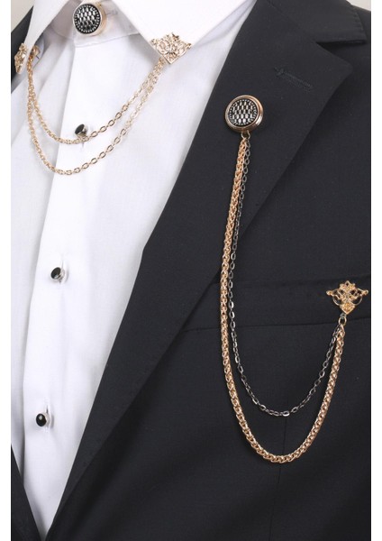 Siyah Desenli Gold Yaka Broş Seti – Zincirli 3’lü Erkek Aksesuar (BRS13)