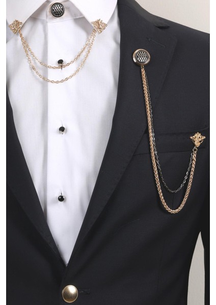 Siyah Desenli Gold Yaka Broş Seti – Zincirli 3’lü Erkek Aksesuar (BRS13) fiyatları