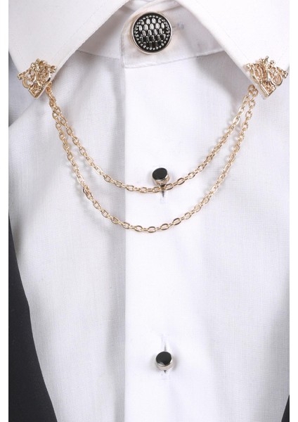 Siyah Desenli Gold Yaka Broş Seti – Zincirli 3’lü Erkek Aksesuar (BRS13) modelleri
