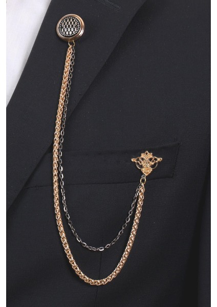 Siyah Desenli Gold Yaka Broş Seti – Zincirli 3’lü Erkek Aksesuar (BRS13) fırsatları