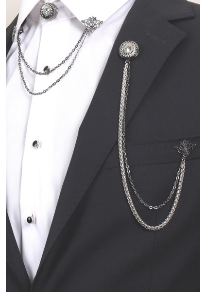 Taşlı Siyah Yaka Broş Seti – Güneş Motifli Zincirli Erkek Ceket & Gömlek Aksesuarı (BRS06)