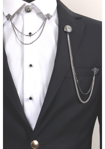 Taşlı Siyah Yaka Broş Seti – Güneş Motifli Zincirli Erkek Ceket & Gömlek Aksesuarı (BRS06) modelleri