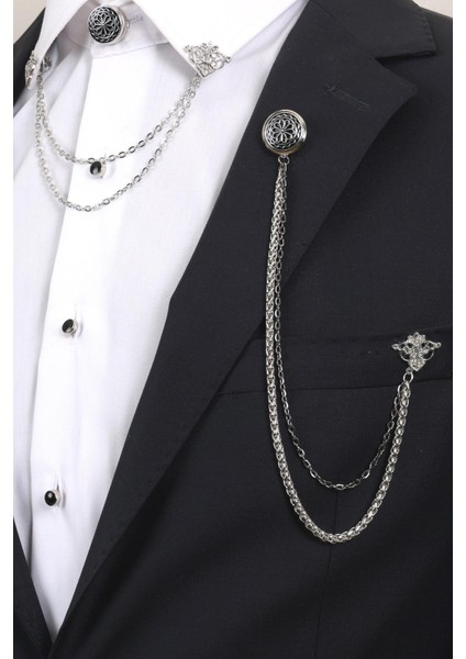 Gümüş Renk Desenli Yaka Broş Seti – 3 Parça Zincirli Takım Elbise Gömlek Yaka Seti (BRS17)