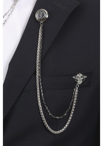 Gümüş Renk Desenli Yaka Broş Seti – 3 Parça Zincirli Takım Elbise Gömlek Yaka Seti (BRS17) fiyatları