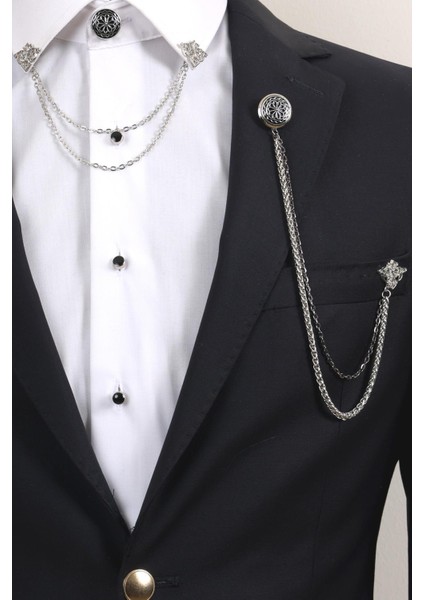 Gümüş Renk Desenli Yaka Broş Seti – 3 Parça Zincirli Takım Elbise Gömlek Yaka Seti (BRS17) modelleri