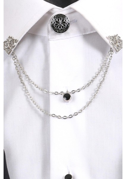 Gümüş Renk Desenli Yaka Broş Seti – 3 Parça Zincirli Takım Elbise Gömlek Yaka Seti (BRS17) fırsatları