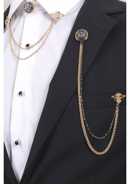 3’lü Armalı Siyah Gold Yaka Broş Seti – Altın Renk Zincirli Erkek Ceket ve Gömlek Takı Aksesuarı (BRS10)