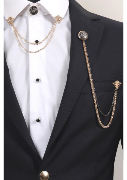 3’lü Armalı Siyah Gold Yaka Broş Seti – Altın Renk Zincirli Erkek Ceket ve Gömlek Takı Aksesuarı (BRS10) modelleri