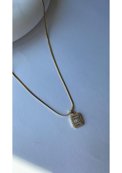 Italyan Baget Taşlı Gold Kolye