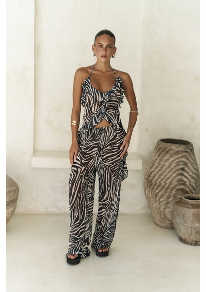 Sulliven Fırfır Detay Siyah Crop Pantolon Takım