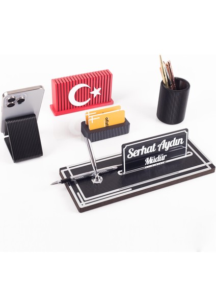 Vera Türk Bayraklı Gümüş Ahşap Masa Isimliği Seti Çizgi Desenli Ofis Dekoratif Masa Üstü Isimlik