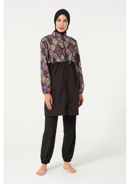 Kadın Desenli Tam Kapalı Tesettür Mayo 22155-25 Siyah