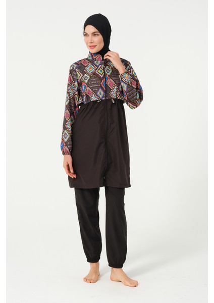 Kadın Desenli Tam Kapalı Tesettür Mayo 22155-25 Siyah modelleri