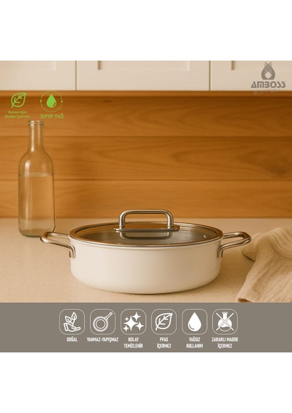 Sera Nova Seramik Yanmaz Yapışmaz Basık Tencere 30 cm – Beyaz