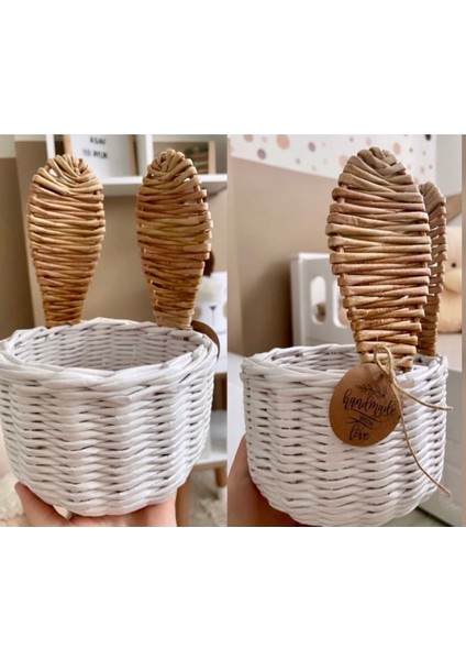 Rattan Bambu Hasır Sepet Bebek ve Çocuk Odası Dekoratif Kulaklı Sepet Tavşan Sepet Düzenleyici Sepe