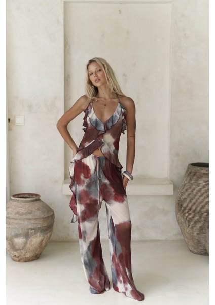 Sulliven Fırfır Detay Bordo Crop Pantolon Takım