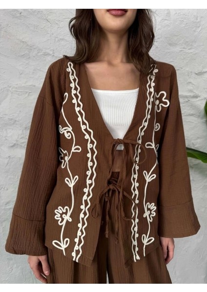 Kahve Nakış Işlemeli Müslin Kimono
