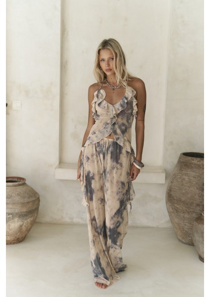 Sulliven Fırfır Detay Sarı Crop Pantolon Takım