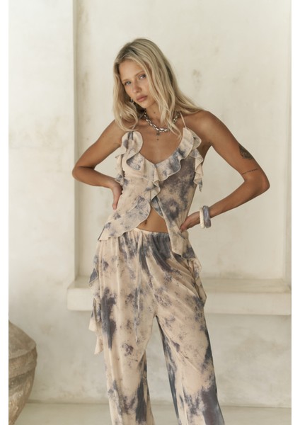 Sulliven Fırfır Detay Sarı Crop Pantolon Takım