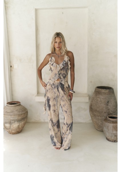 Sulliven Fırfır Detay Sarı Crop Pantolon Takım