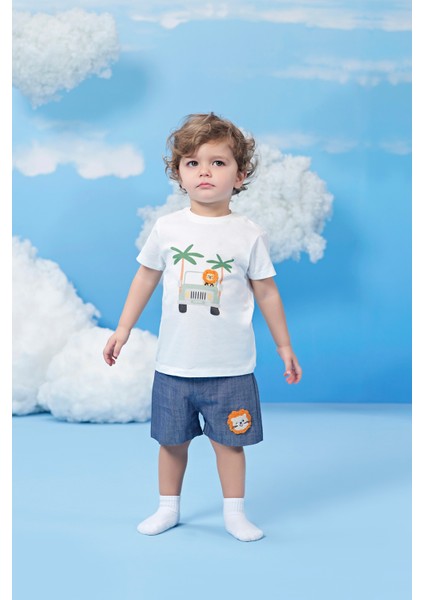 Nakış Detaylı Erkek Çocuk Bebek Şort Mavi