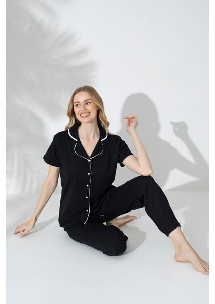 Kadın Biyeli Kısa Kollu Pamuklu Düğmeli Rahat Pijama Takımı