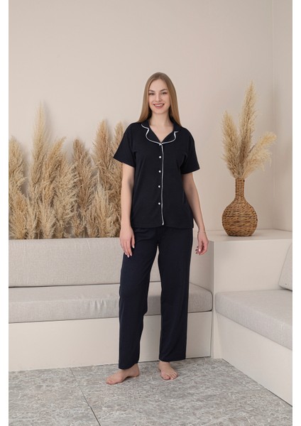 Kadın Biyeli Kısa Kollu Pamuklu Düğmeli Rahat Pijama Takımı