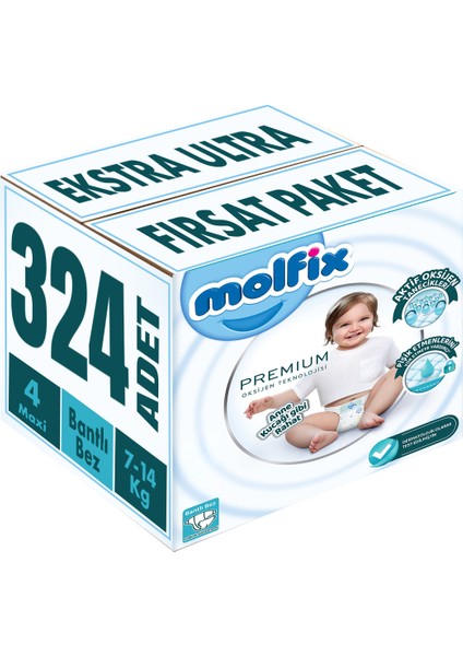 Premium Bebek Bezi Beden:4 (7-14KG) Maxi 324 Adet Ekstra Ultra Fırsat Pk
