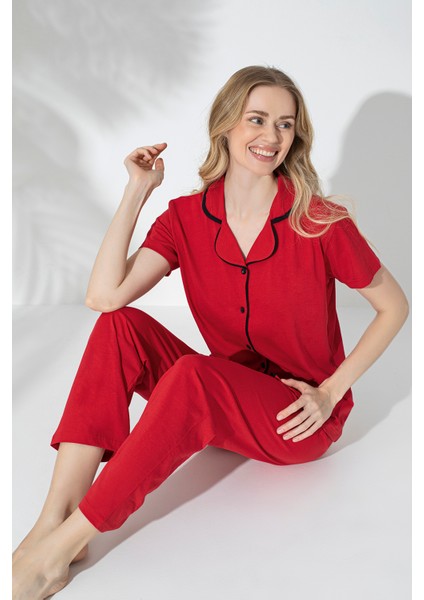 Kadın Biyeli Kısa Kollu Pamuklu Düğmeli Rahat Pijama Takımı