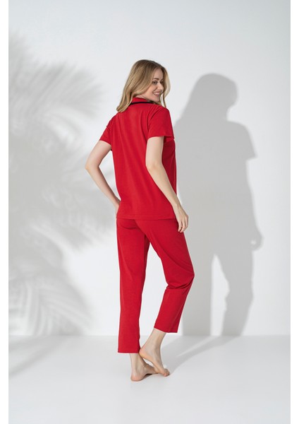 Kadın Biyeli Kısa Kollu Pamuklu Düğmeli Rahat Pijama Takımı