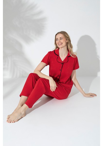 Kadın Biyeli Kısa Kollu Pamuklu Düğmeli Rahat Pijama Takımı