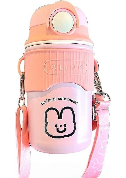Pembe Çelik 304L 480 ml Askılı ve Pipetli Matara Suluk Cin 471