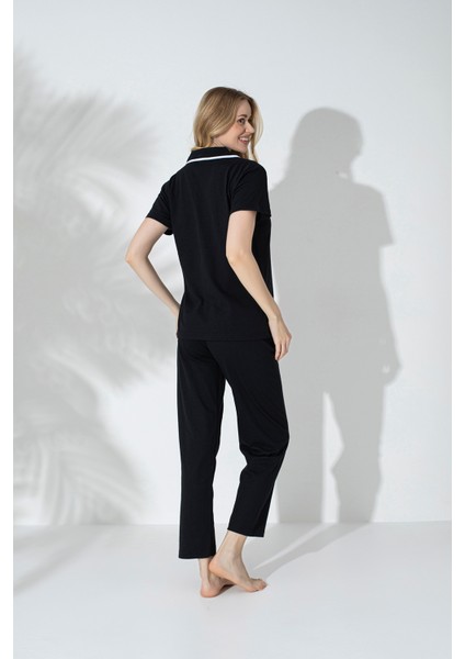 Kadın Biyeli Kısa Kollu Pamuklu Düğmeli Rahat Pijama Takımı