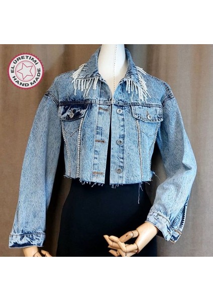 Boncuk ve Taş Işlemeli Özel Tasarım Mavi Bayan Kot Ceket - 38 / 40