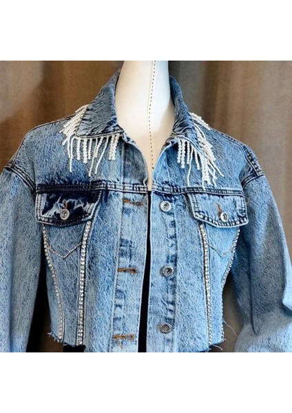 Boncuk ve Taş Işlemeli Özel Tasarım Mavi Bayan Kot Ceket - 38 / 40 fiyatları