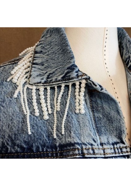 Boncuk ve Taş Işlemeli Özel Tasarım Mavi Bayan Kot Ceket - 38 / 40 fırsatları