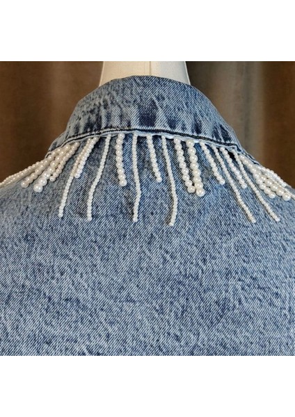 Boncuk ve Taş Işlemeli Özel Tasarım Mavi Bayan Kot Ceket - 38 / 40 indirimleri