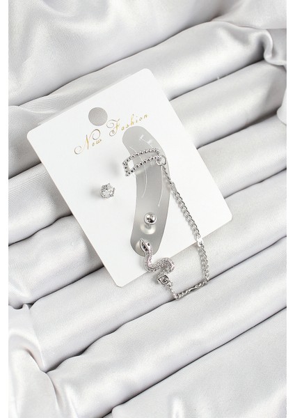 Pirinç Yılan Figürlü Zirkon Taşlı Gümüş Renk 3'lü Kıkırdak Kadın Küpe Set