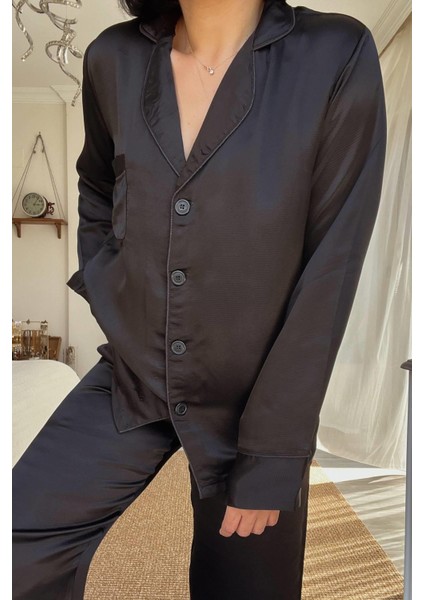 Siyah Pamuk Saten Pijama Takımı