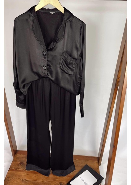 Siyah Pamuk Saten Pijama Takımı