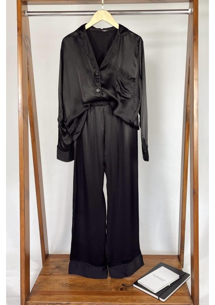 Siyah Pamuk Saten Pijama Takımı