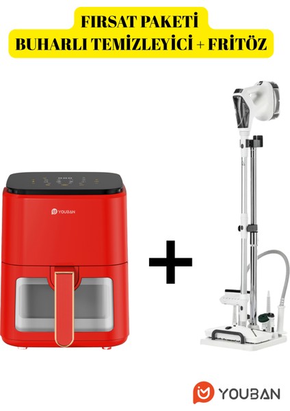 Avantajlı Paket Çok Fonksiyonlu Buharlı Temizlik Makinesi KF1804 + 3,5 Litre Airfryer Fritöz Kırmızı