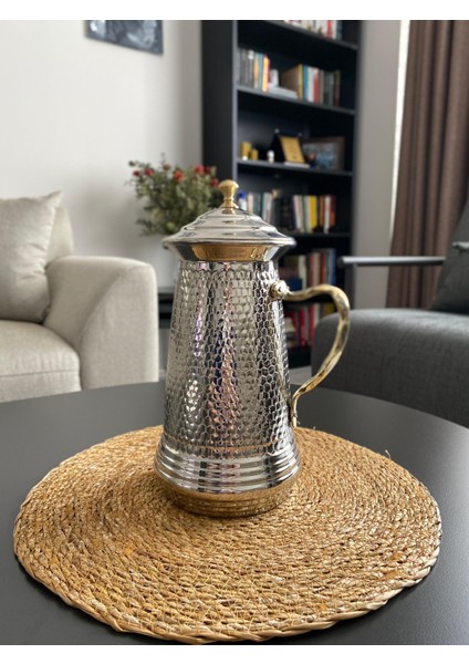 Gümüş Renkli Bakır Petek Desenli Sürahi Takımı - 1 Sürahi + 6 Bardak