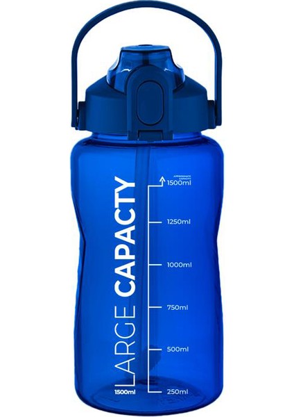 Büyük Kapasiteli Su Şişesi (1.5 L) | Sızdırmaz, Taşınabilir, Kilitli Kapak, Ölçü Göstergeli - Mavi