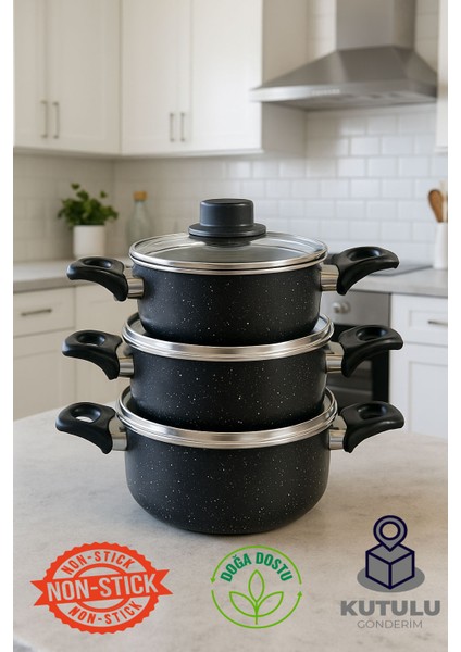 6 Parça Cam Kapaklı Granit Saklama Kabı - Midi Tencere Seti 12CM-14CM-16CM